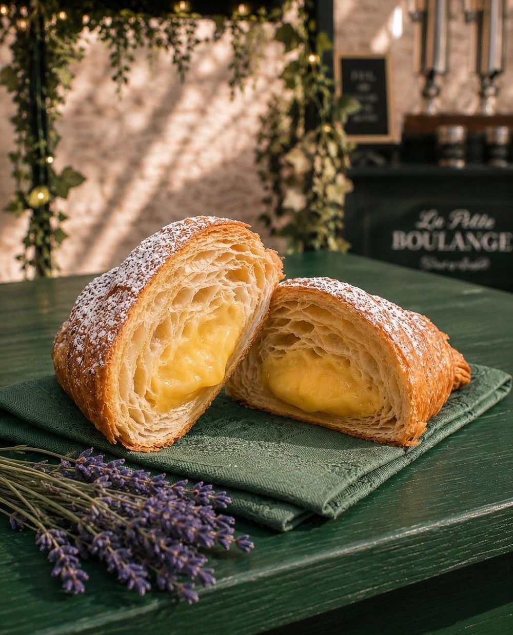 A freshly filled La Petite Boulange croissant with lemon cream, dusted with powdered sugar and styled with lavender